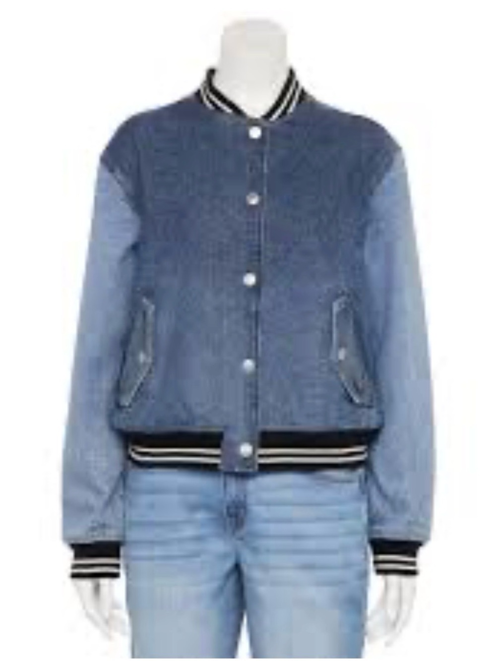 SO Two-Tone Blue Denim Bomber Jacket with Striped Rib Trim